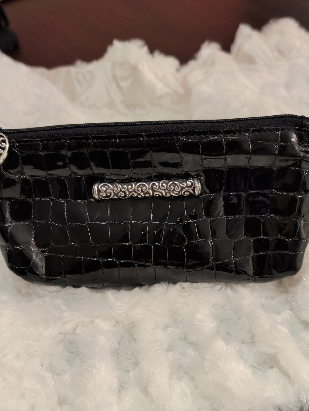 Brighton Black Croc-Embossed Cosmetic Pouch with Silver Accents
